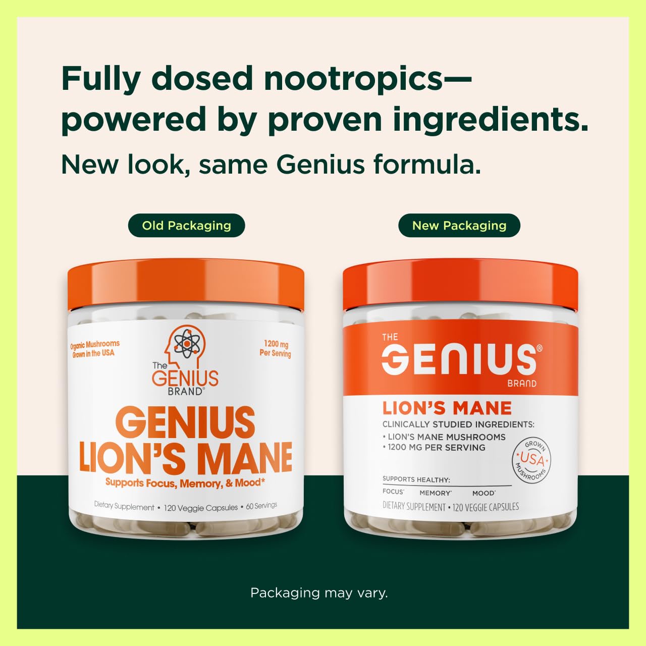 The Genius Brand Genius Lion's Mane - Plant-Based Supplement for Memory, Focus & Mood Support - Organic & Non-GMO - 120 Veggie Capsules - Maple Wellness Supplements