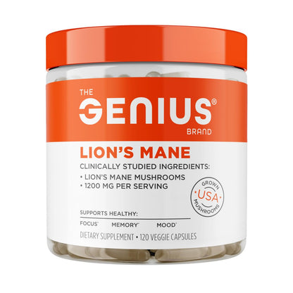 The Genius Brand Genius Lion's Mane - Plant-Based Supplement for Memory, Focus & Mood Support - Organic & Non-GMO - 120 Veggie Capsules - Maple Wellness Supplements