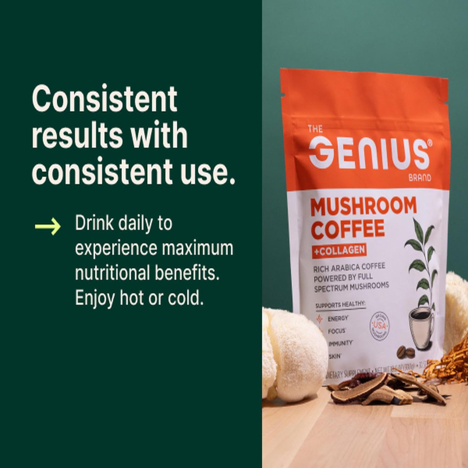 The Genius Brand Organic Mushroom Coffee + Collagen - Daily Energy Support - Healthy Immune Function - Arabica Coffee with Cordyceps, Reishi & Lion's Mane Mushroom Blend - 10.6 oz (30 Servings) - Maple Wellness Supplements