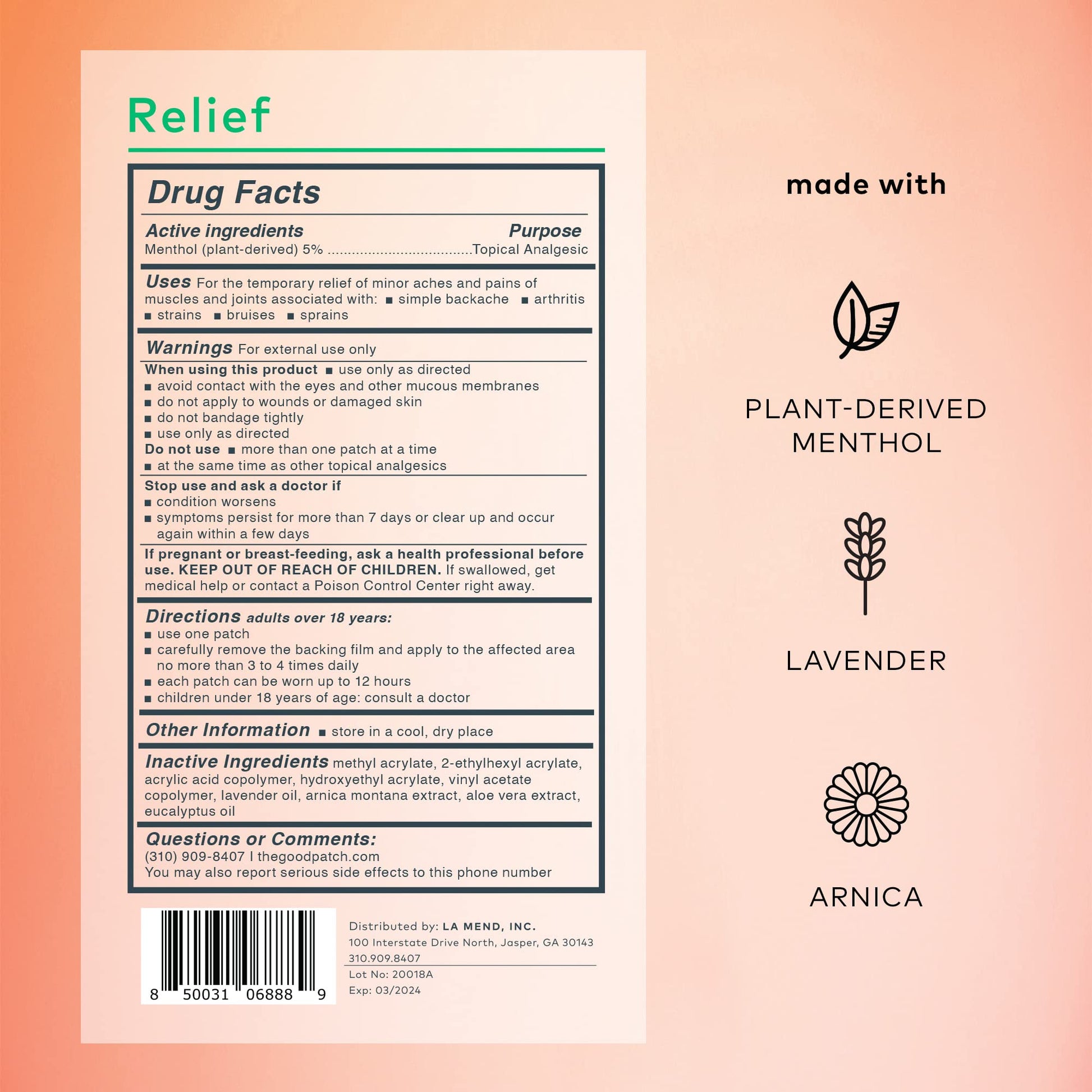 The Good Patch Muscle Pain Relief Patches, Natural Patch with Menthol, Lavender, Arnica and Aloe Vera, Sustained Release, Plant Powered Wearable Wellness, For Back, Neck, Arms, Legs (16 Total Patches) - Maple Wellness Supplements