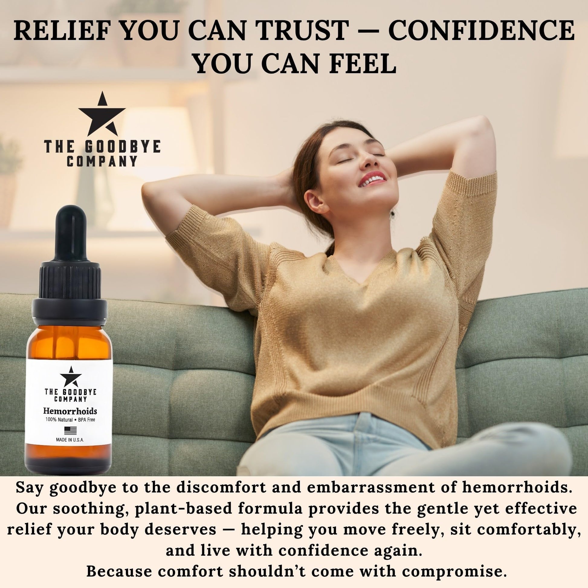 The Goodbye Company Organic Hemorrhoid Relief Serum - Natural Witch Hazel Treatment for Pain, Itch & Swelling - Internal External Soothing Formula - Vegan, USA Made, 15mL - Maple Wellness Supplements