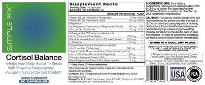 The Simple Fix Cortisol Balance Supplement – Supports Stress, Focus & Daily Energy – with Ashwagandha, Rhodiola Rosea, L-Theanine, Magnesium, Zinc & B6 – Adaptogen Formula – Vegan Capsules - Maple Wellness Supplements