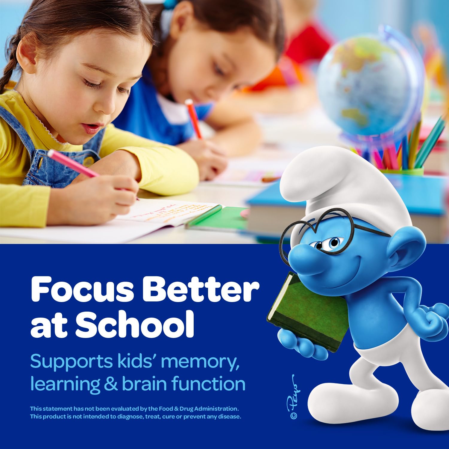 The Smurfs Nootropic Gummies for Kids with Vitamin B12 & L-Theanine | Laser Focus Gummy for Focus and Memory Supplements | Made with Real Fruit in a Smurf Berry | Doctor Developed | 60 Vegan Gummies - Maple Wellness Supplements