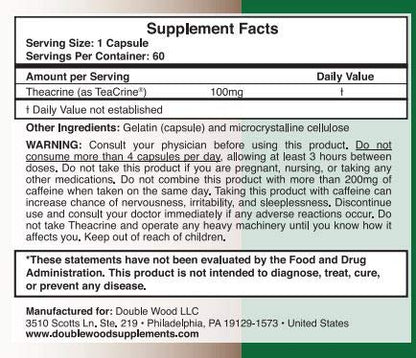 Theacrine (Teacrine) 100 Mg, 60 Capsules - Energy and Focus Supplement (Similar to Caffe - Maple Wellness Supplements