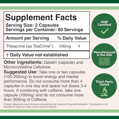 Theacrine (Teacrine) 100 Mg, 60 Capsules - Energy and Focus Supplement (Similar to Caffe - Maple Wellness Supplements
