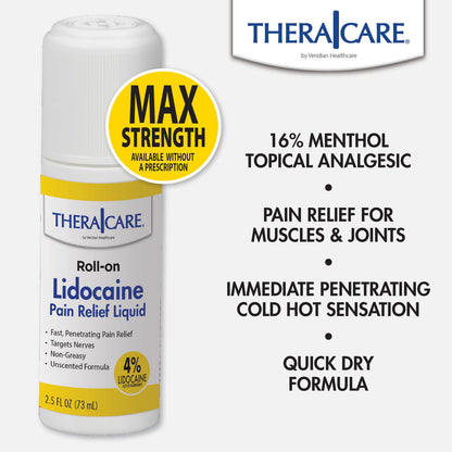 TheraCare 4% Lidocaine Roll-On | OTC Strength | Pain Relief Liquid | 2.5 oz. 73 mL | Non-Greasy, Unscented Formula | Topical Anesthetic - Maple Wellness Supplements