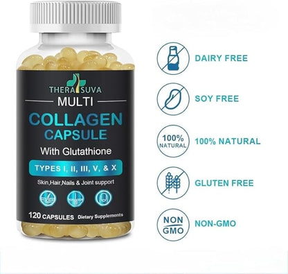 TheraSuva Complete Multi Collagen Complex – Types I, II, III, V & X + Biotin & Vitamin C – Hair, Skin, Nails & Joint Support, 2 Month Supply, 120 Softgels - Maple Wellness Supplements