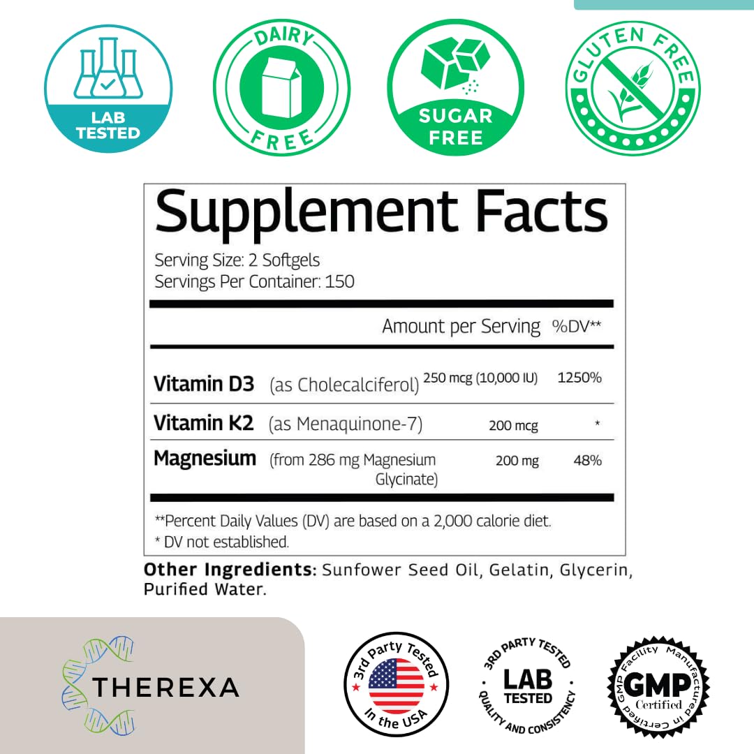 THEREXA Vitamin D3 K2 Magnesium Supplement - Extra Strength with 10000 IU Vitamin D3, Magnesium Glycinate and 200 mcg K2 MK-7 Vitamin Supplements Complex, for Women & Men - 300 Softgels - Maple Wellness Supplements