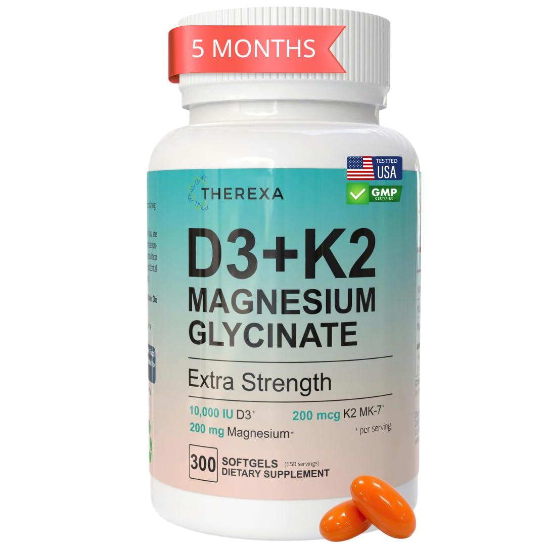 THEREXA Vitamin D3 K2 Magnesium Supplement - Extra Strength with 10000 IU Vitamin D3, Magnesium Glycinate and 200 mcg K2 MK-7 Vitamin Supplements Complex, for Women & Men - 300 Softgels - Maple Wellness Supplements