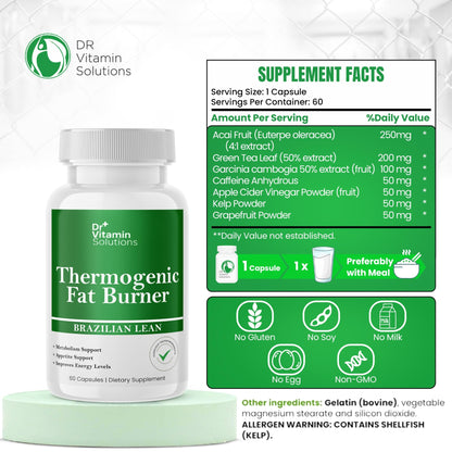 Thermogenic Fat Burner Brazilian Lean, Pills for Women, Waist Trimmer & Supplements for Bloating for Women & Men, 60 Capsules - Maple Wellness Supplements