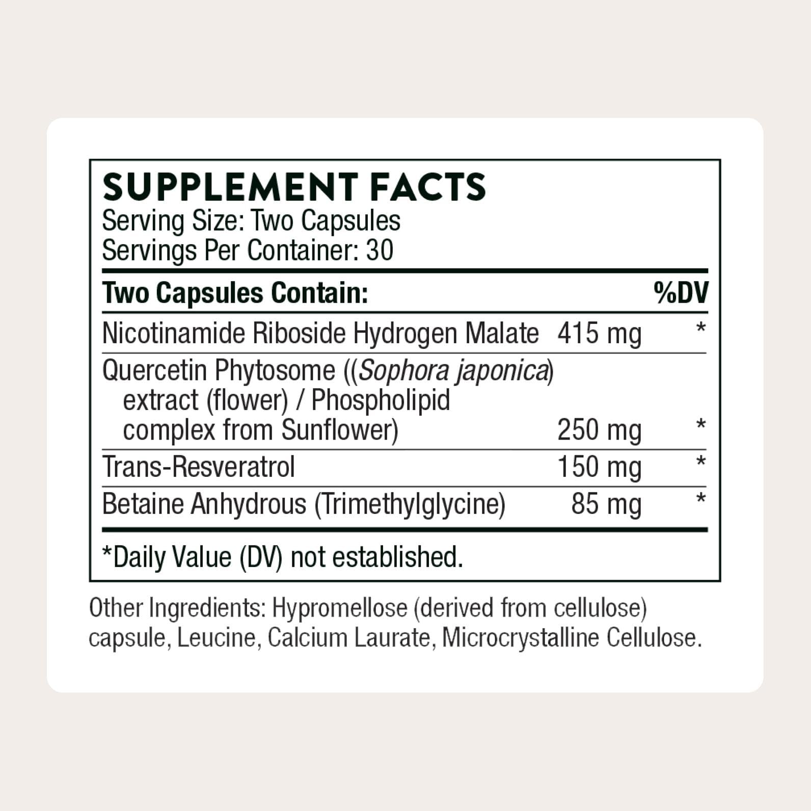 THORNE - ResveraCel - Nicotinamide Riboside with Quercetin Phytosome & Resveratrol - Supports Healthy Aging, Methylation, Cellular Energy Production & Metabolism - Maple Wellness Supplements