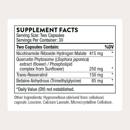 THORNE - ResveraCel - Nicotinamide Riboside with Quercetin Phytosome & Resveratrol - Supports Healthy Aging, Methylation, Cellular Energy Production & Metabolism - Maple Wellness Supplements