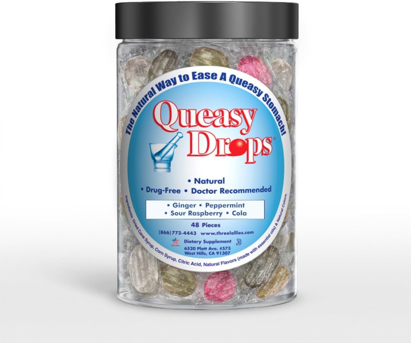 Three Lollies Queasy Drops- Supports Motion Sickness Relief. Also Pregnancy & Morning Sickness Relief. Stomach Settle Drops Assorted 48 Count - Maple Wellness Supplements