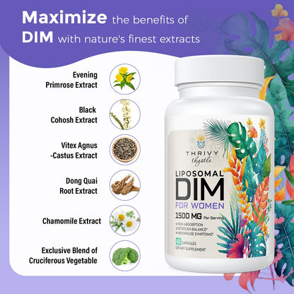 ThrivyThystle Liposomal DIM 400 mg - Hormone Balance, Estrogen Support for Women, DIM Supplement with Vitamin E, Evening Primrose, Black Cohosh, Omega-3 Fatty Acids (60 Capsules) - Maple Wellness Supplements
