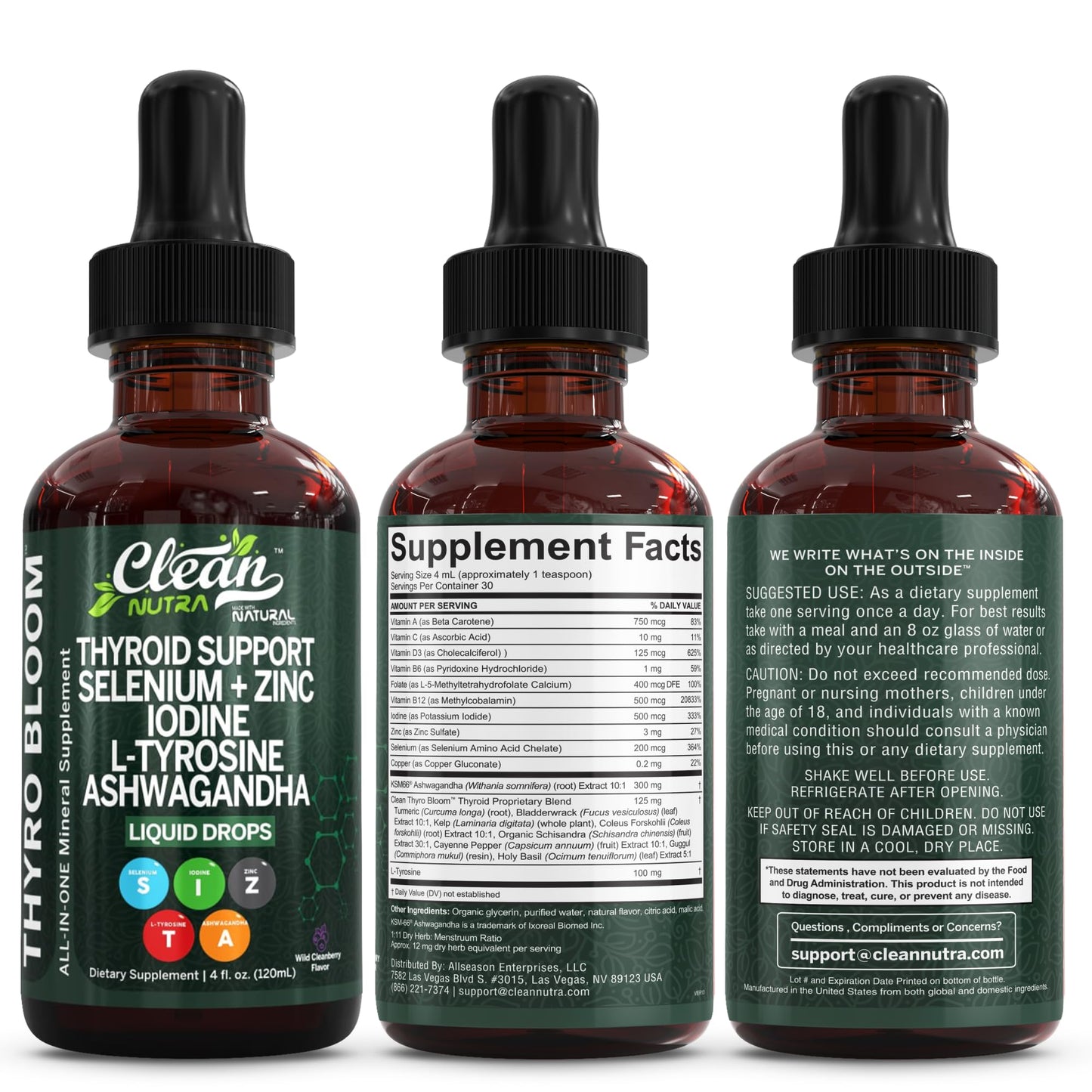 ThyroBloom Thyroid Support for Women Liquid Drops Iodine L-Tyrosine Selenium Copper Ashwagandha Zinc Kelp Bladderwrack Schisandra Guggul Turmeric Vitamin A D3 B12 - Maple Wellness Supplements