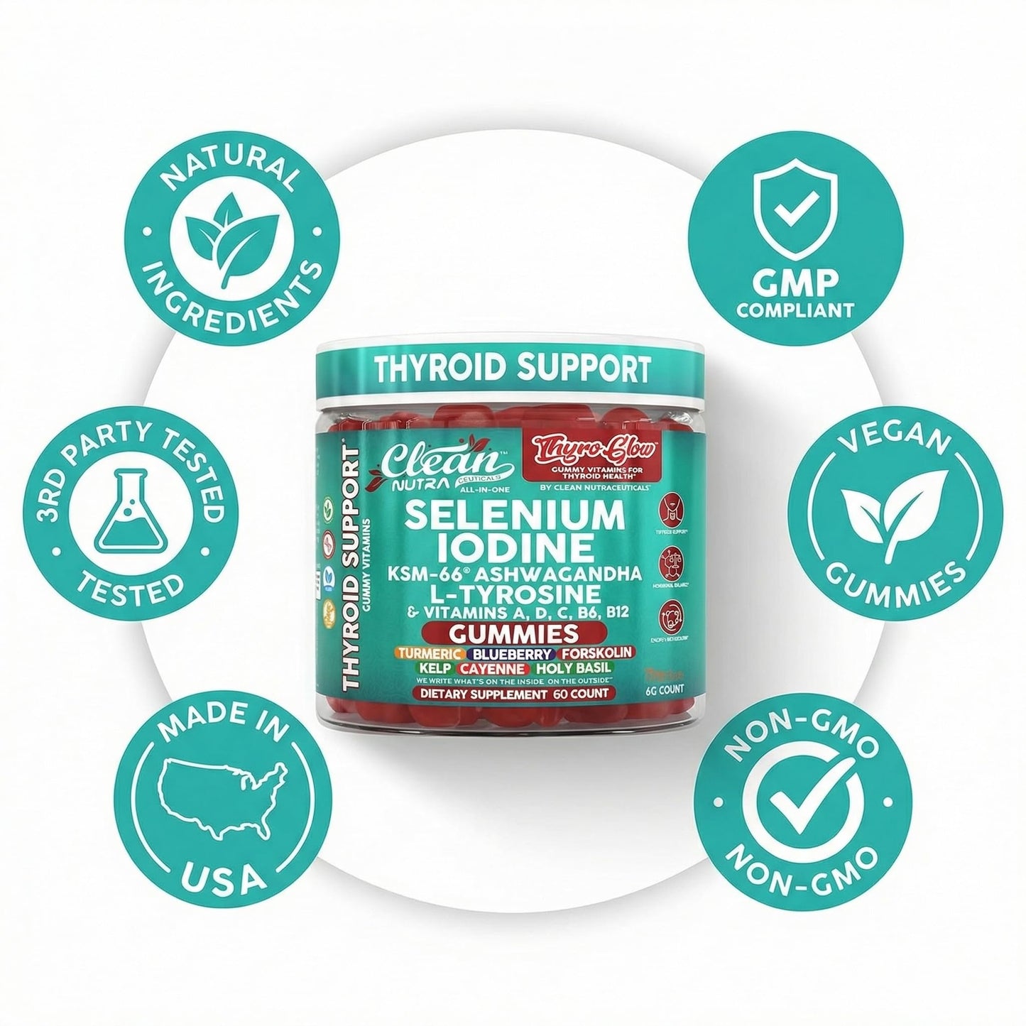 ThyroGlow Thyroid Support Gummies Selenium Iodine KSM 66 Ashwagandha L Tyrosine Vitamin D, C, B12, B6 Turmeric Blueberry Holy - Maple Wellness Supplements