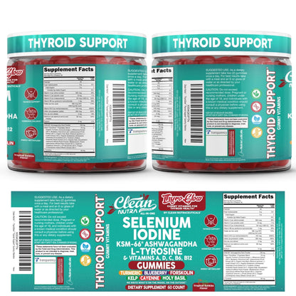 ThyroGlow Thyroid Support Gummies Selenium Iodine KSM 66 Ashwagandha L Tyrosine Vitamin D, C, B12, B6 Turmeric Blueberry Holy - Maple Wellness Supplements