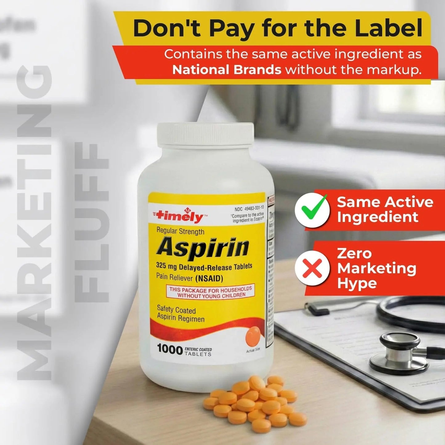 TIME-Cap Labs 1000 Regular Strength Aspirin 325mg – Delayed Release Enteric Coated Tablets for Minor Aches and Pains, NSAID Pain Reliever & Fever Reducer for Adults and Children 12 Years and Older - Maple Wellness Supplements