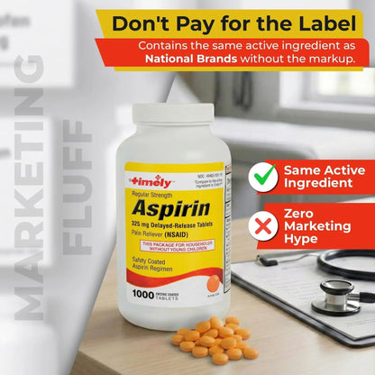 TIME-Cap Labs 1000 Regular Strength Aspirin 325mg – Delayed Release Enteric Coated Tablets for Minor Aches and Pains, NSAID Pain Reliever & Fever Reducer for Adults and Children 12 Years and Older - Maple Wellness Supplements