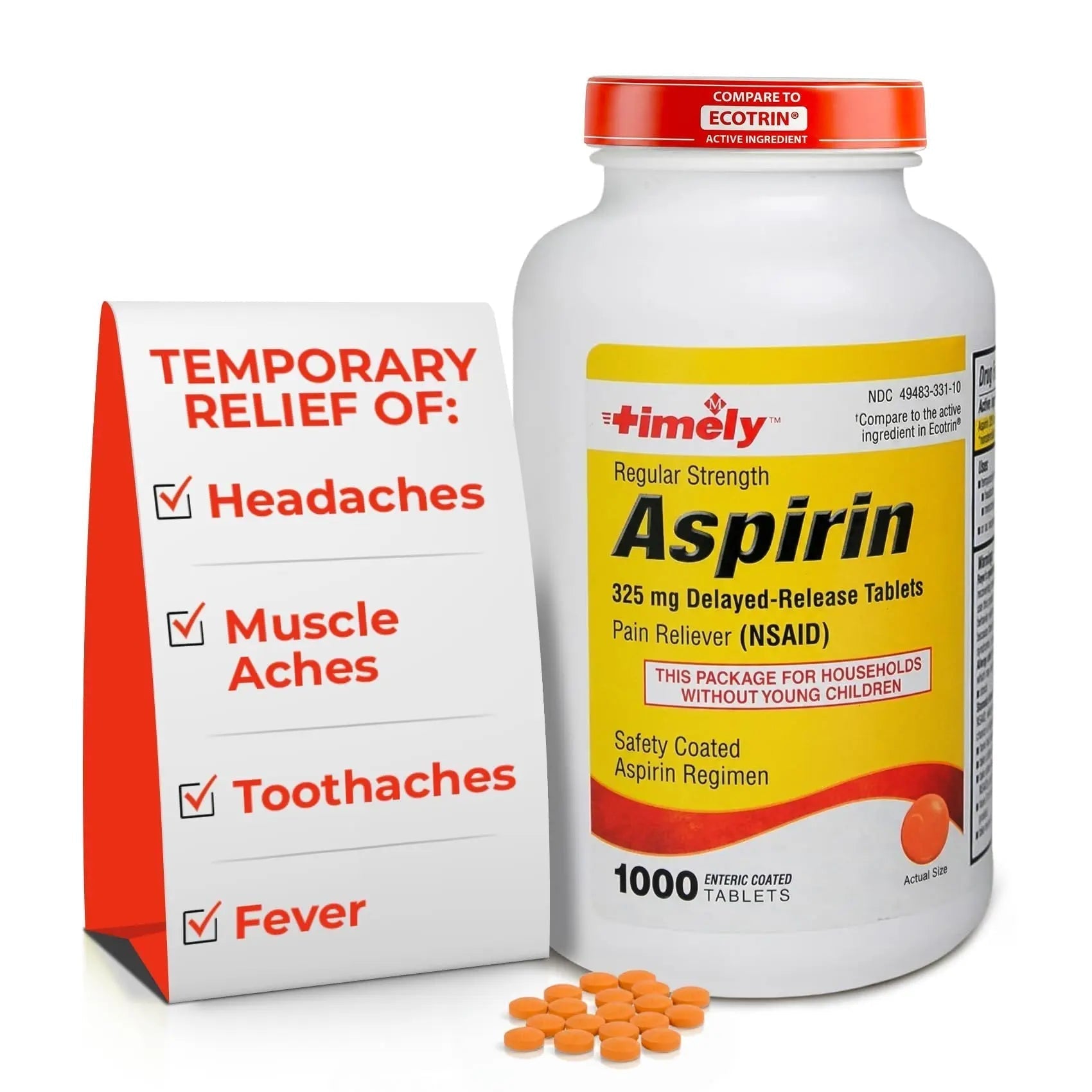 TIME-Cap Labs 1000 Regular Strength Aspirin 325mg – Delayed Release Enteric Coated Tablets for Minor Aches and Pains, NSAID Pain Reliever & Fever Reducer for Adults and Children 12 Years and Older - Maple Wellness Supplements
