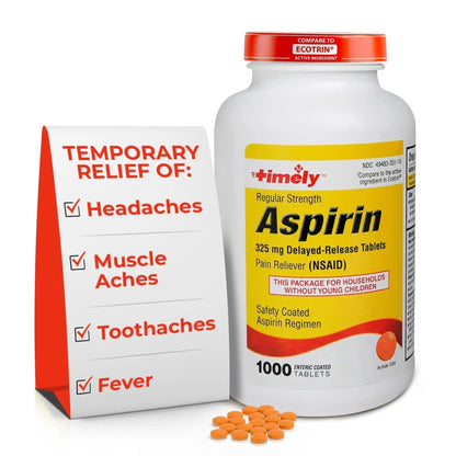 TIME-Cap Labs 1000 Regular Strength Aspirin 325mg – Delayed Release Enteric Coated Tablets for Minor Aches and Pains, NSAID Pain Reliever & Fever Reducer for Adults and Children 12 Years and Older - Maple Wellness Supplements