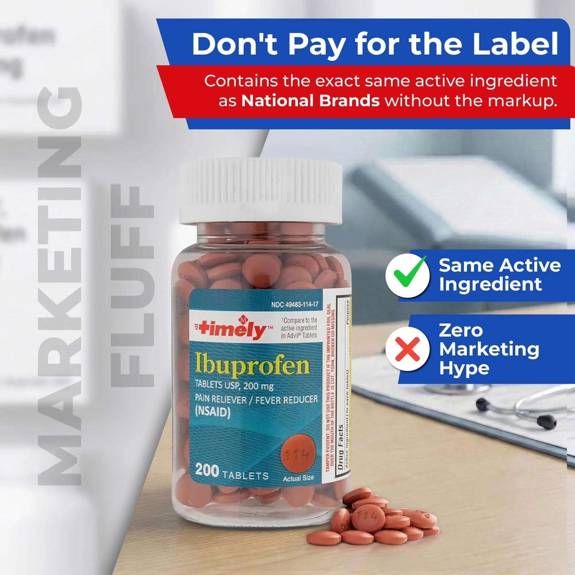 TIME-Cap Labs 200 Tablets Ibuprofen 200mg Coated - Pain Reliever & Fever Reducer (NSAID) for Adults, Helps with Headache, Back Pain, Muscle Aches, Toothaches, Menstrual Cramps & Minor Arthritis Pain - Maple Wellness Supplements