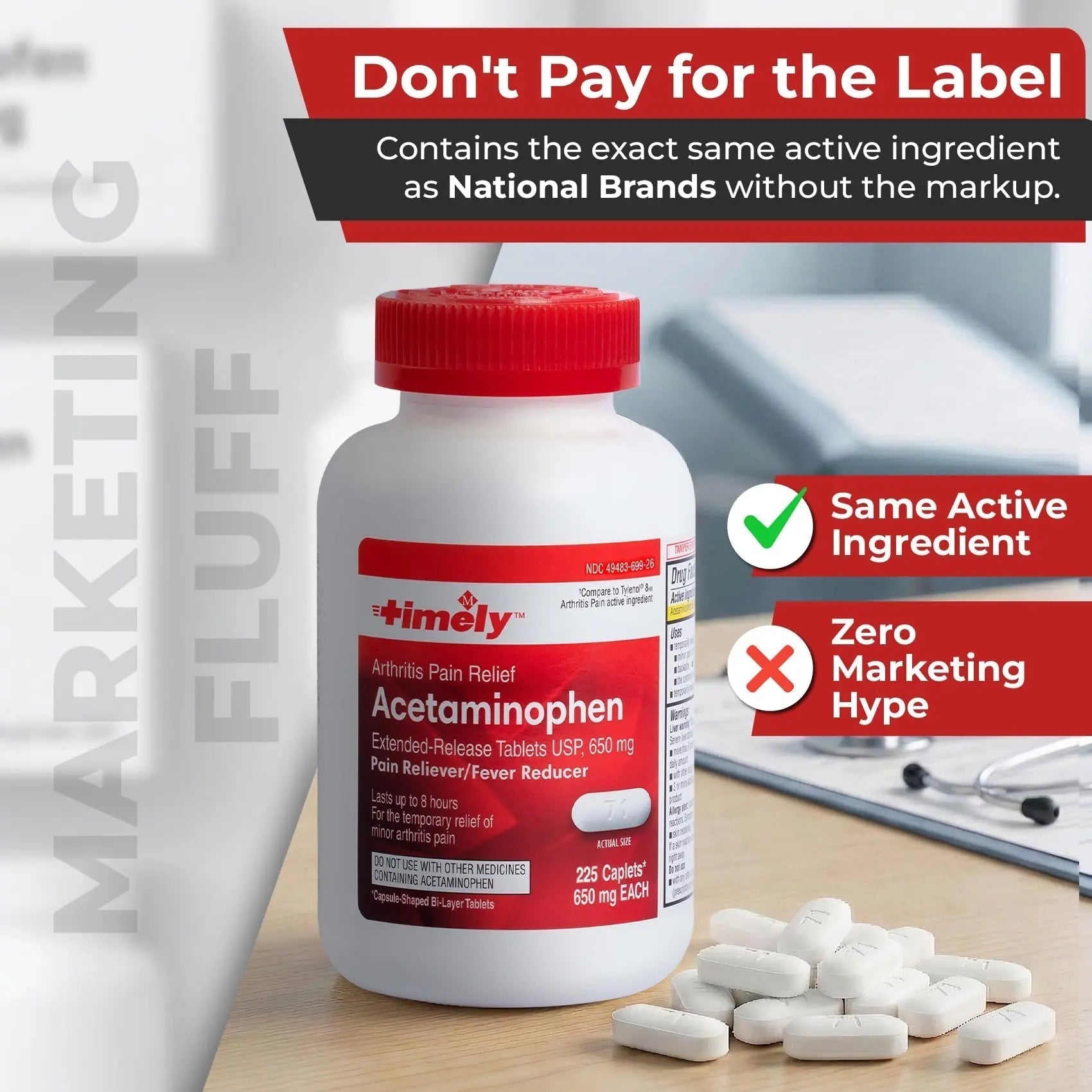 TIME-Cap Labs 225 Caplets Extended Release Acetaminophen 650mg - Pain Reliever & Fever Reducer for Adults, Helps with Headaches, Backaches, Muscle Pain, Toothaches & Menstrual Cramps - Maple Wellness Supplements
