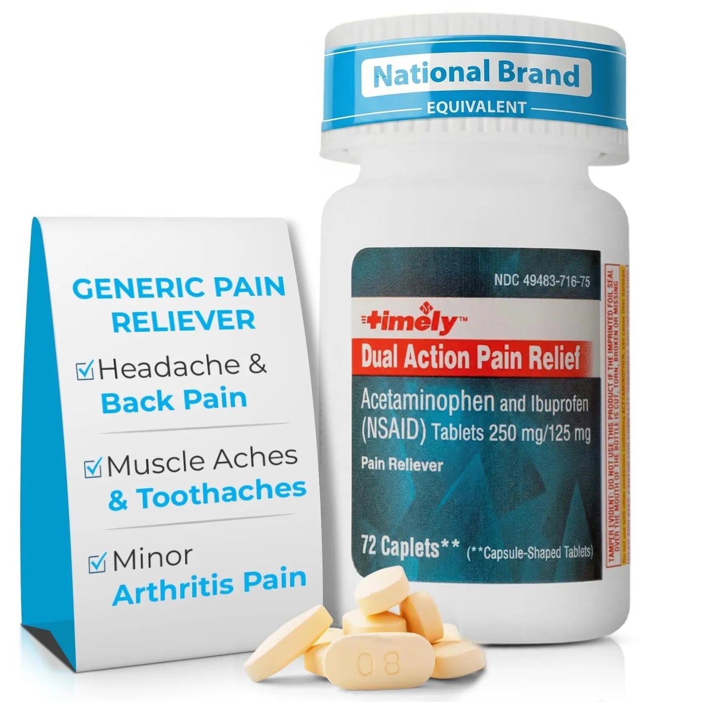 TIME-Cap Labs Dual Action Pain Reliever Acetaminophen 250mg & Ibuprofen 125mg – Back Pain, Arthritis & Headache Relief – National Brand Equivalent, Factory Direct NSAID - 72 Caplets - Maple Wellness Supplements