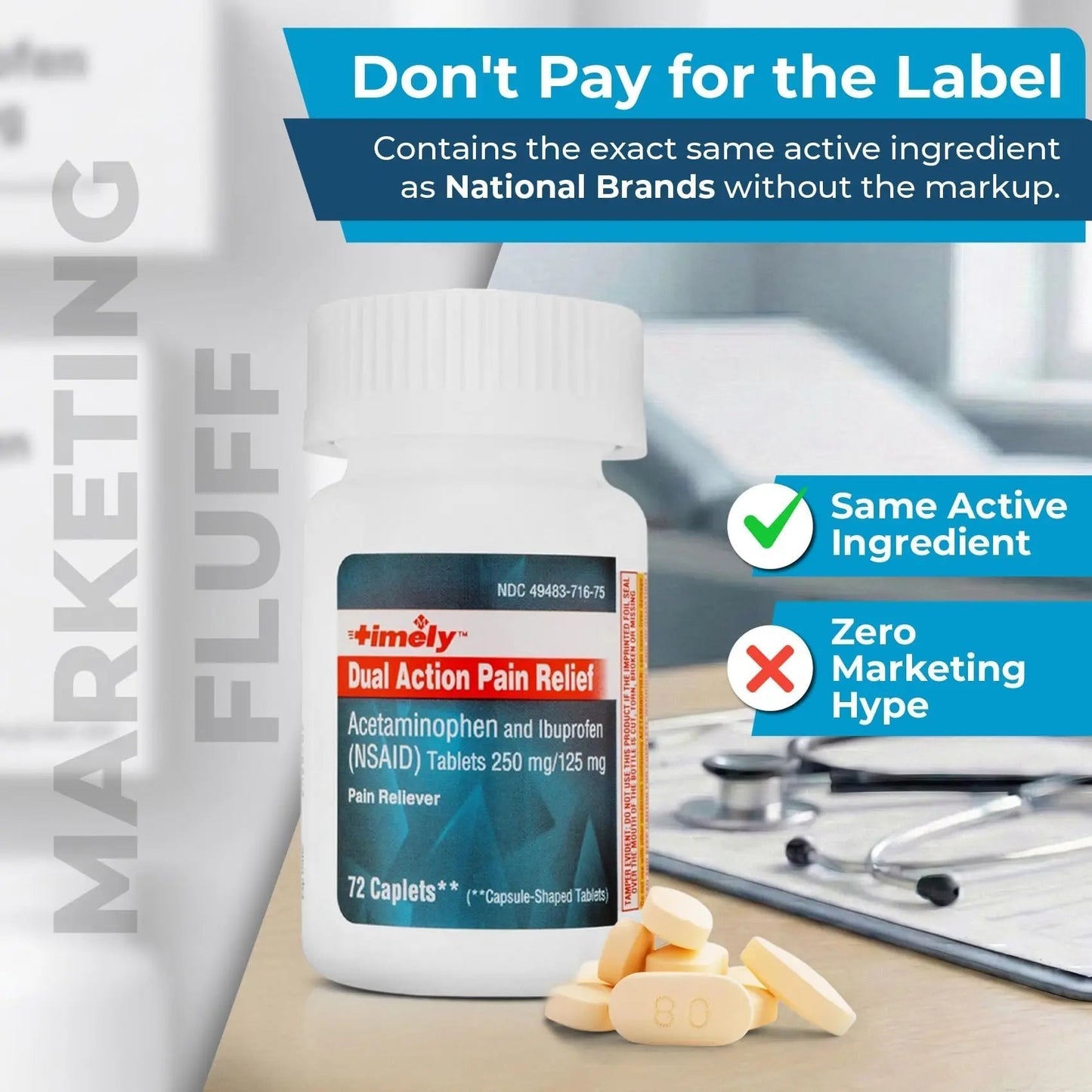 TIME-Cap Labs Dual Action Pain Reliever Acetaminophen 250mg & Ibuprofen 125mg – Back Pain, Arthritis & Headache Relief – National Brand Equivalent, Factory Direct NSAID - 72 Caplets - Maple Wellness Supplements