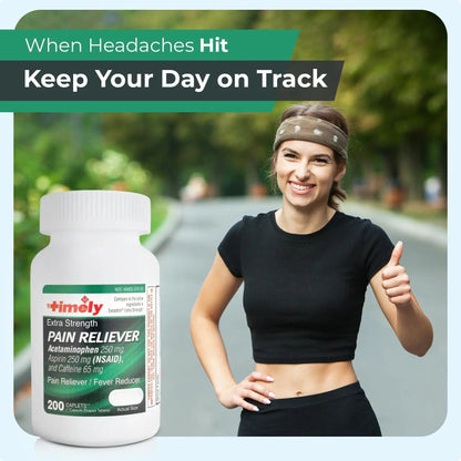 TIME-Cap Labs Extra Strength Acetaminophen 250mg with Aspirin 250mg & Caffeine 65mg Caplets - Triple Action Pain Reliever for Migraines & Headache Relief, Muscle Aches & Body Pain (200 Count) - Maple Wellness Supplements