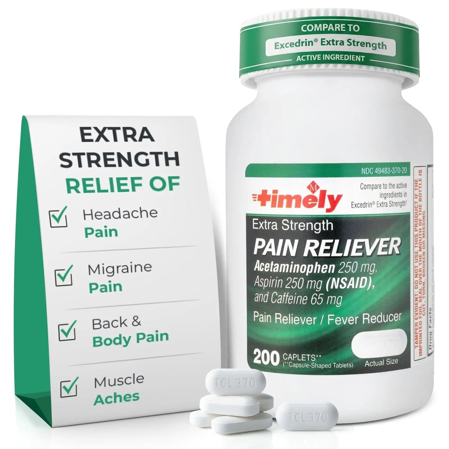 TIME-Cap Labs Extra Strength Acetaminophen 250mg with Aspirin 250mg & Caffeine 65mg Caplets - Triple Action Pain Reliever for Migraines & Headache Relief, Muscle Aches & Body Pain (200 Count) - Maple Wellness Supplements
