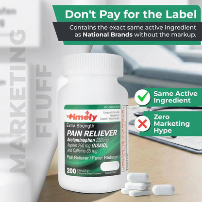 TIME-Cap Labs Extra Strength Acetaminophen 250mg with Aspirin 250mg & Caffeine 65mg Caplets - Triple Action Pain Reliever for Migraines & Headache Relief, Muscle Aches & Body Pain (200 Count) - Maple Wellness Supplements