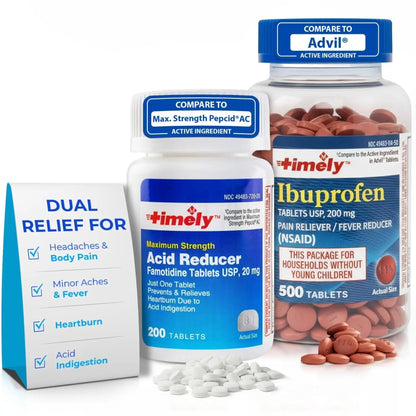 TIME-Cap Labs Ibuprofen 200mg (500 Tablets) & Famotidine 20mg Acid Reducer (200 Tablets) Bundle - Fever, Pain Reliever Pills for Headaches & Heartburn Relief Medicine for Acid Reflux & Indigestion - Maple Wellness Supplements