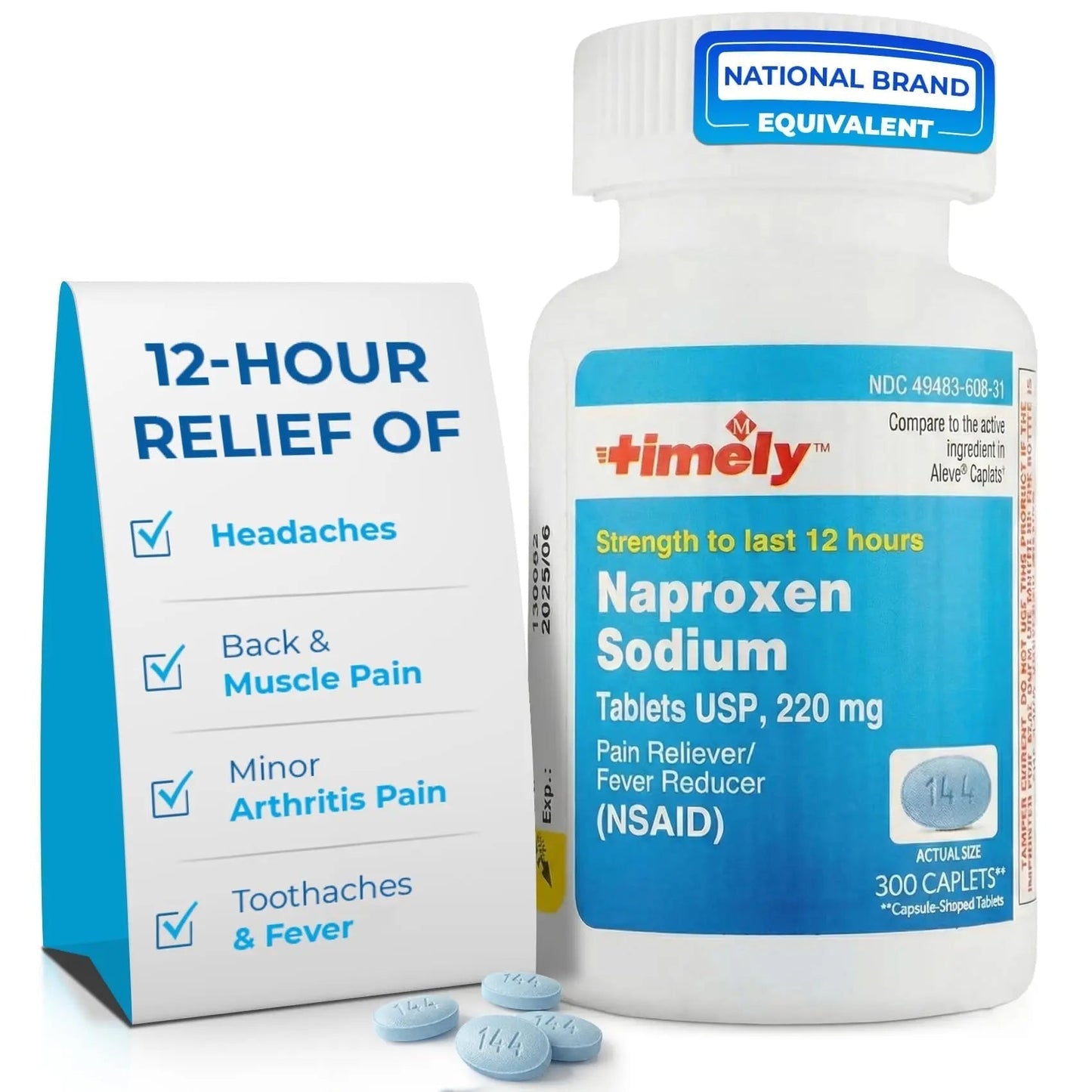 TIME-Cap Labs Naproxen Sodium 220mg (NSAID), Pain Reliever & Fever Reducer Caplets, 12 Hour Relief for Headache, Backache, Arthritis & Body Aches, 300 Count - Maple Wellness Supplements
