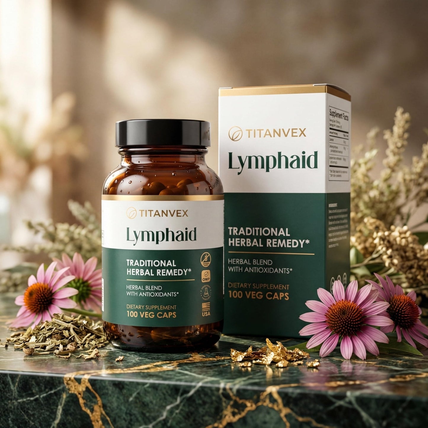 TitanVex Lymphaid - Lymphatic Drainage Supplement 100 Vegan Capsules, Herbal Lymphatic Support with Echinacea and Dandelion, Antioxidant, Respiratory and Urinary Wellbeing - Maple Wellness Supplements