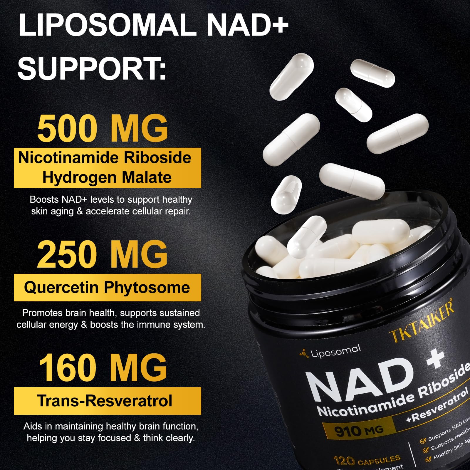 TKTALKER NAD Supplement, 910MG Liposomal Nicotinamide Riboside with Resveratrol & Quercetin, Anti-Aging, Cellular Energy, Mental Focus & Stamina & Healthy, Women & Men, 120 Capsules - Maple Wellness Supplements