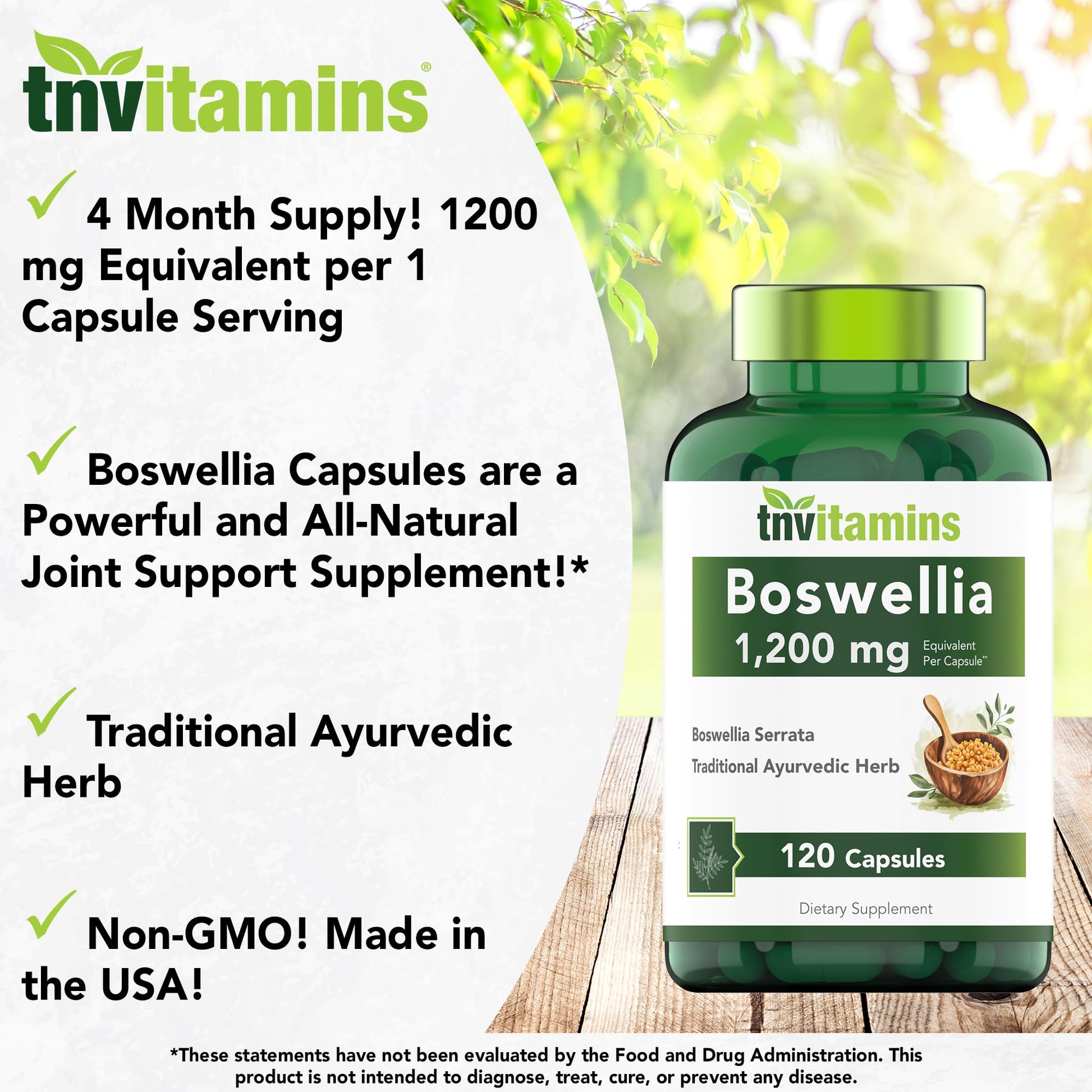 tnvitamins Boswellia Extract Capsules, 120 Count | 1,200 mg Per Capsule | 65% Boswellic Acids + 10:1 Concentrated Extract | Boswellia Serrata - Maple Wellness Supplements