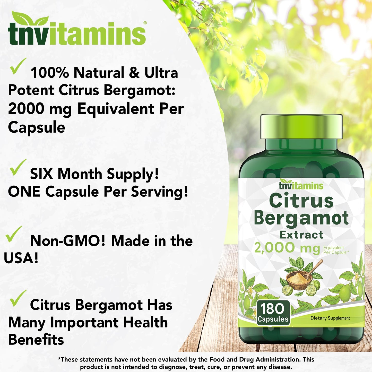tnvitamins Citrus Bergamot 2000mg - 180 Capsules | Ultra Potent Citrus Bergamot Supplement 2000 mg Per 1 Capsule Serving - Maple Wellness Supplements