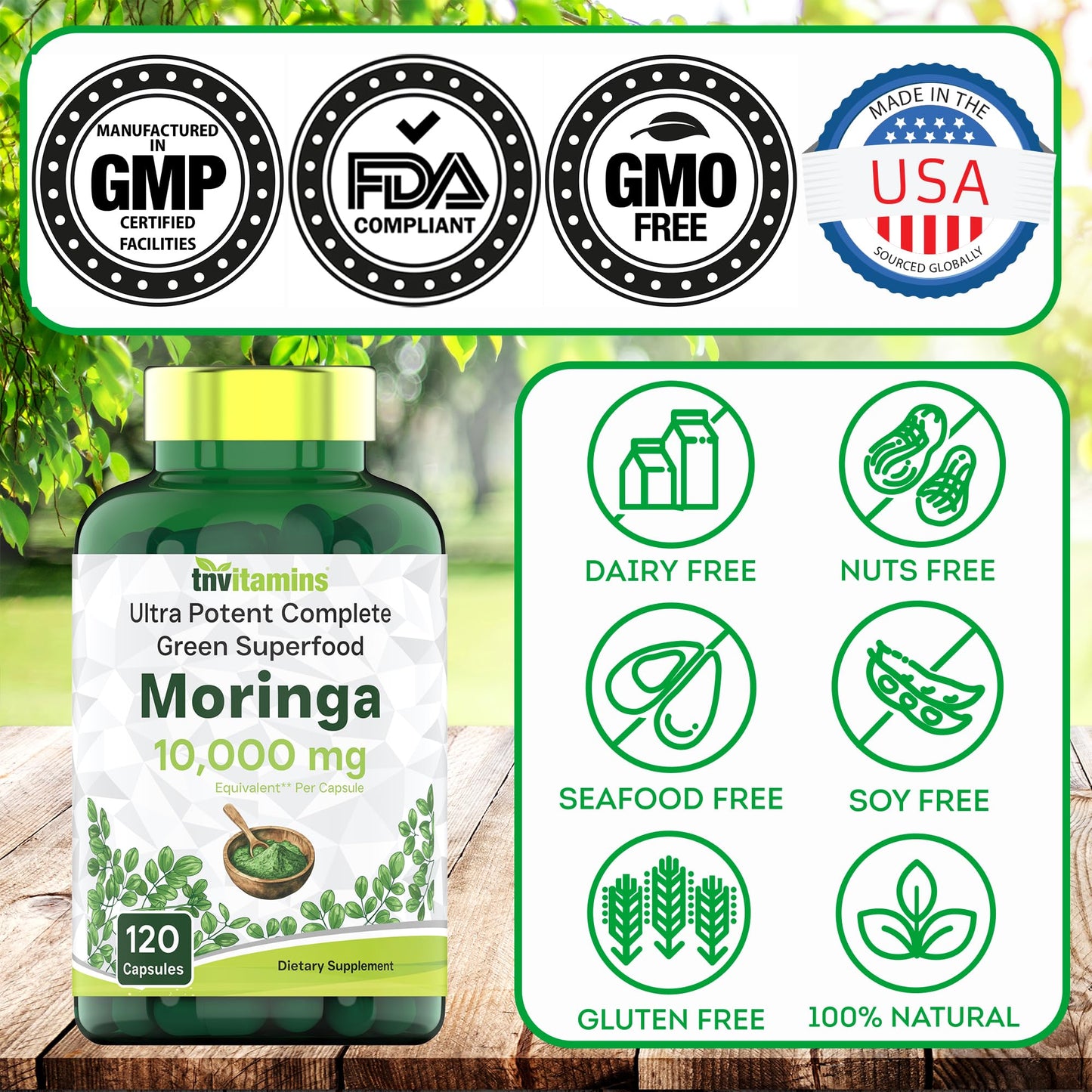 tnvitamins Moringa Capsules 10,000 mg - 120 Capsules | High Potency Moringa Leaf Extract Superfood Supplement for Energy - Maple Wellness Supplements