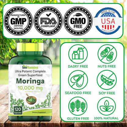 tnvitamins Moringa Capsules 10,000 mg - 120 Capsules | High Potency Moringa Leaf Extract Superfood Supplement for Energy - Maple Wellness Supplements
