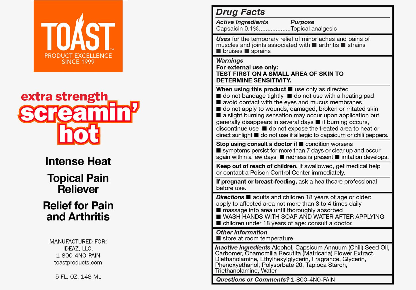 Toast Extra Strength Screamin Hot Intense Heat Topical Pain Relief Cream for Muscles and Joints - 5 Ounces - Maple Wellness Supplements