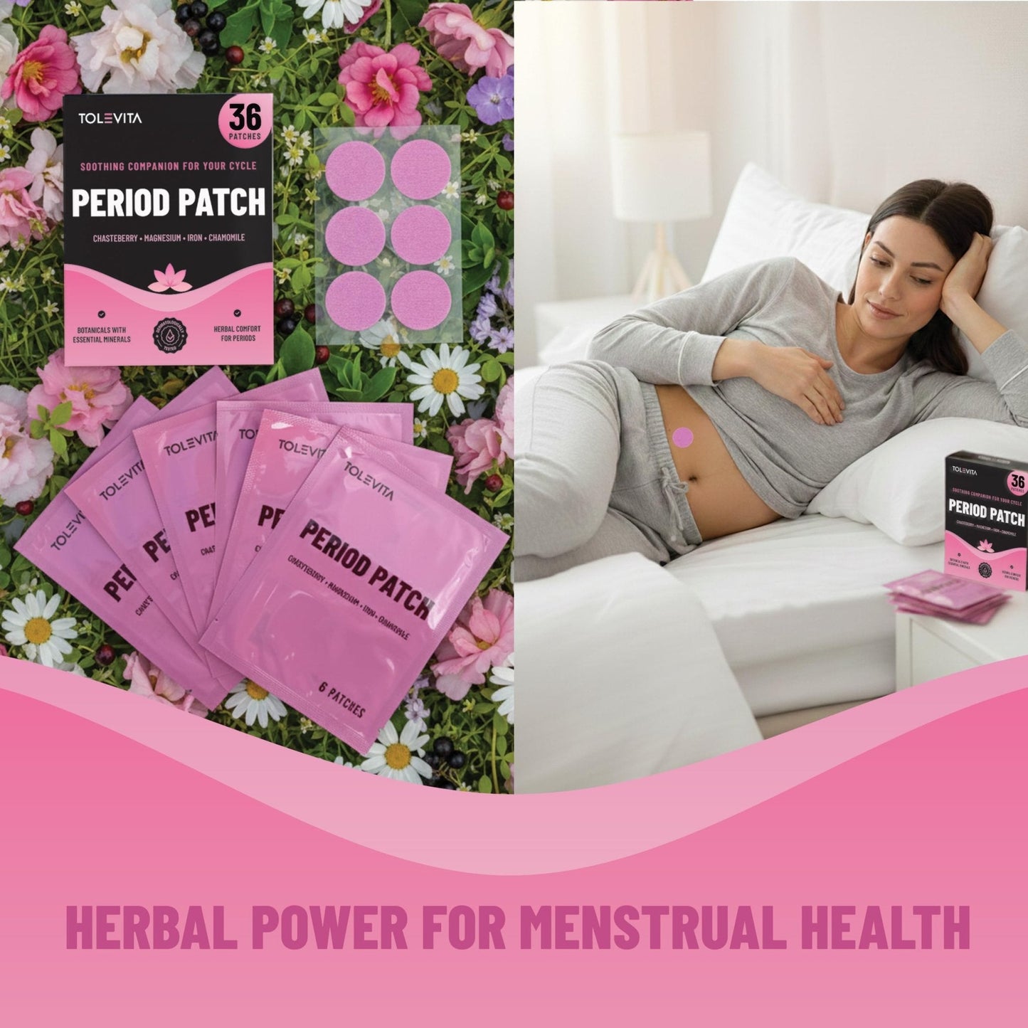 TOLEVITA Period Relief Patches 36 Pcs – Herbal Cramp Support with Chasteberry, Magnesium, Evening Primrose, Dong Quai, Curcumin, Vitamins B6 & E, Iron, Chamomile – Hormonal Balance & Menstrual Comfort - Maple Wellness Supplements