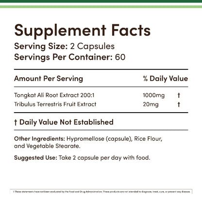 Tongkat Ali Extract - Ultra High Potency 200:1 - for Men (Longjack) Eurycoma Longifolia, 1000mg per Serving, 120 Capsules - with 20mg Tribulus Terrestris - Maple Wellness Supplements