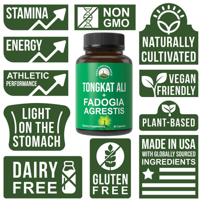 Tongkat Ali + Fadogia Agrestis 2-in-1 T Supplement for Men. Ultra High Strength Tongkat-Ali Longjack Extract + Fadogia Agrestis Extract. Vegan Capsules. Support Natural Energy. USA Tested Pills - Maple Wellness Supplements