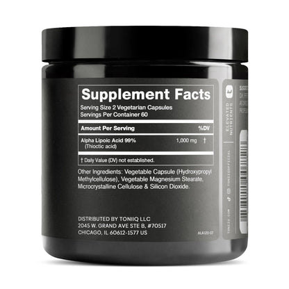 Toniiq 1000mg Ultra High Strength Alpha Lipoic Acid Capsules - Highly Purified 99%+ USP Standard - 120 Capsules ALA Supplement - Maple Wellness Supplements