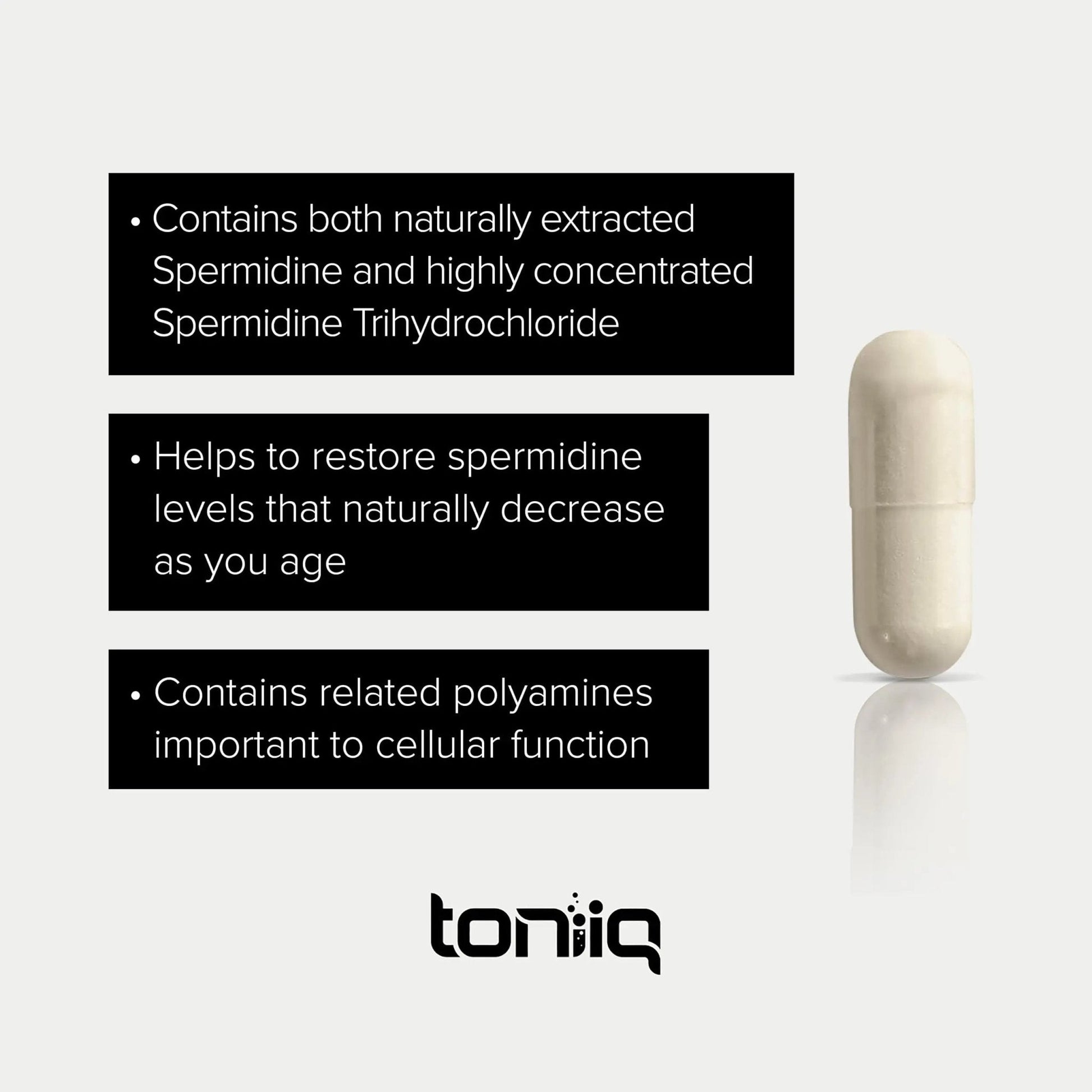 Toniiq 22mg Ultra Concentrated Spermidine Supplement -Spermidine Supplements for Men and Women - Rice Germ Extract and Trihydrochloride Complex Blend - 60 Vegetarian Capsules - 30 Servings - Maple Wellness Supplements