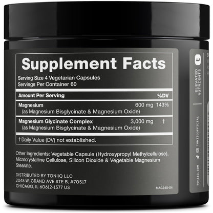 Toniiq 3,000mg Ultra High Strength Magnesium Glycinate - 20% Purified to Contain 600mg of Elemental Magnesium - Chelated and Bioavailable Magnesium - Maple Wellness Supplements