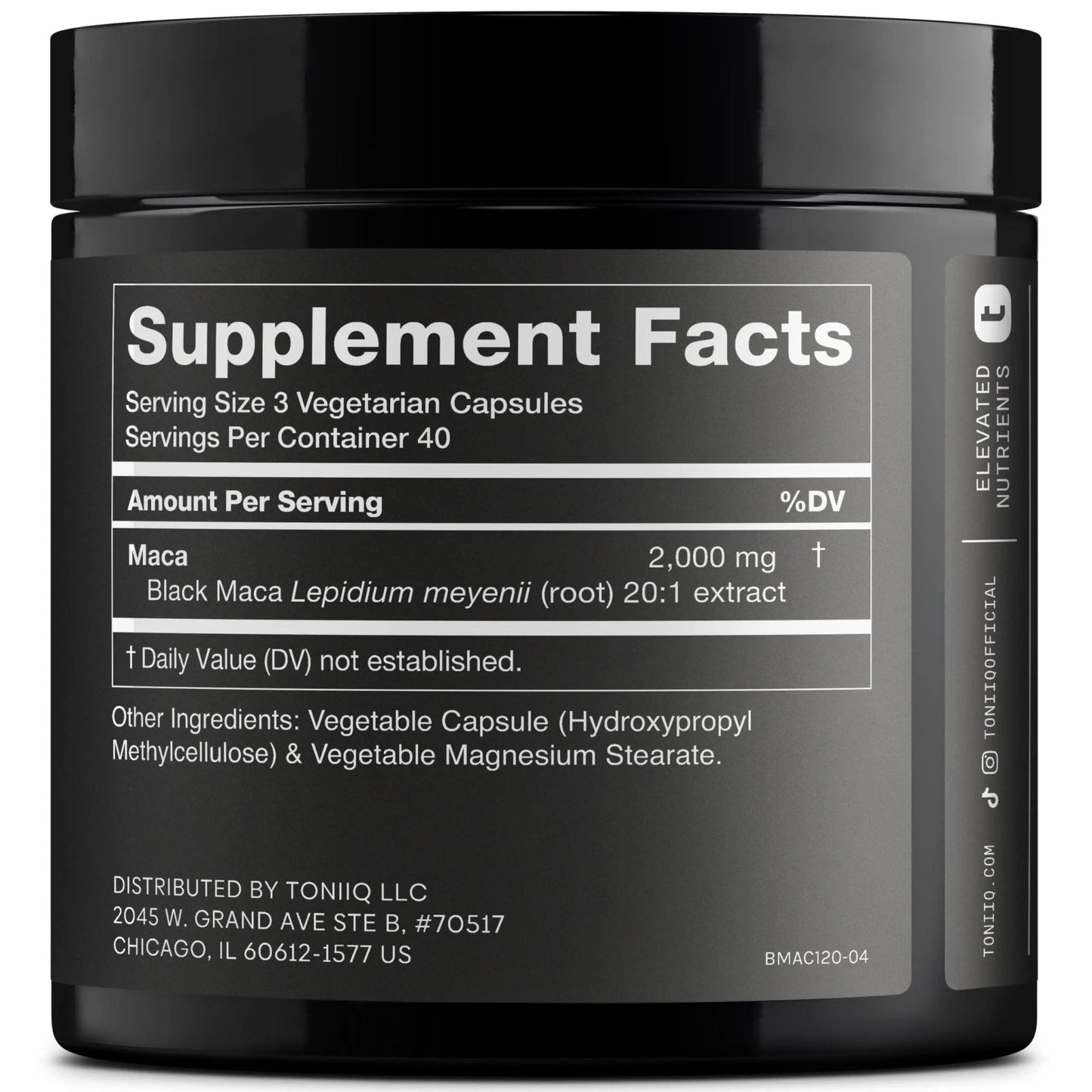 Toniiq Black Maca Root - Ultra High Potency 20:1 Extract - Single Origin, Wildcrafted & Highly Concentrated - Third-Party Lab Tested - 120 Capsules - Maple Wellness Supplements