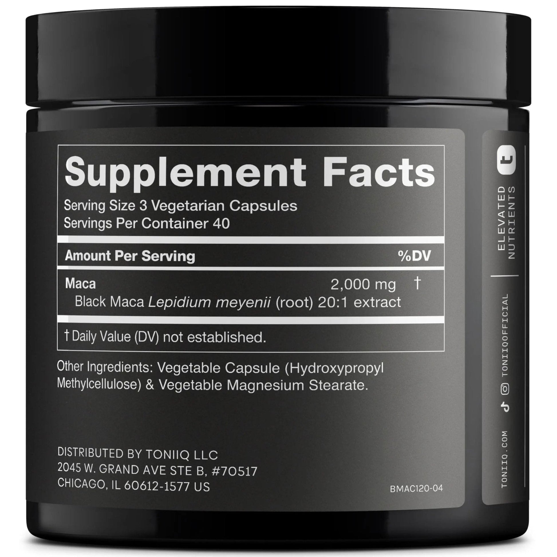 Toniiq Black Maca Root - Ultra High Potency 20:1 Extract - Single Origin, Wildcrafted & Highly Concentrated - Third-Party Lab Tested - 120 Capsules - Maple Wellness Supplements