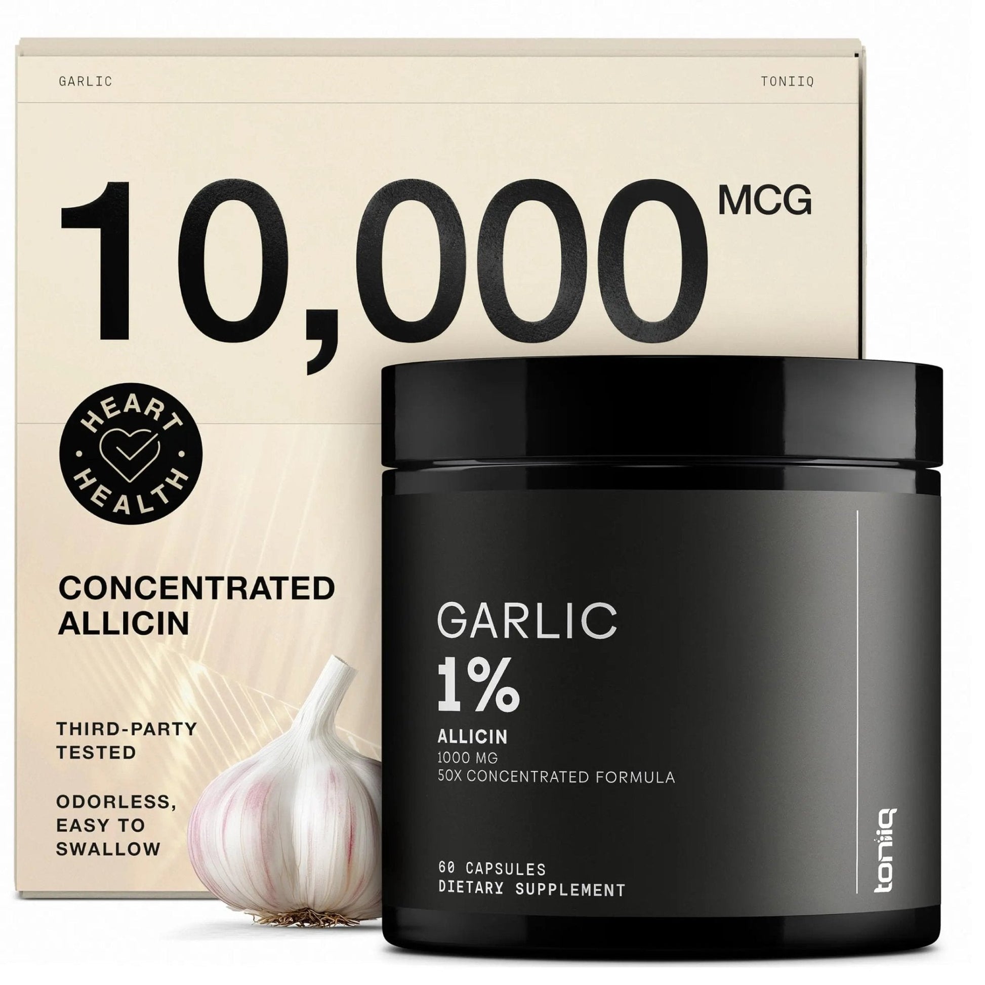 Toniiq Garlic Capsules with 10,000mcg Allicin - Odorless - 50:1 Extract for Maximum Potency - Third-Party Lab Tested - 60 Vegetarian Capsules - Maple Wellness Supplements